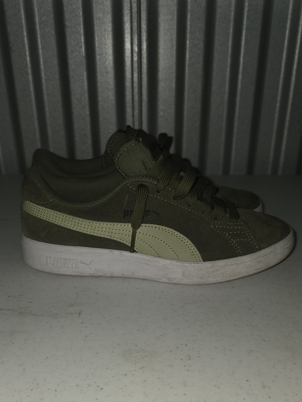 Puma Olive Green Suede Sneakers with Cream Stripe